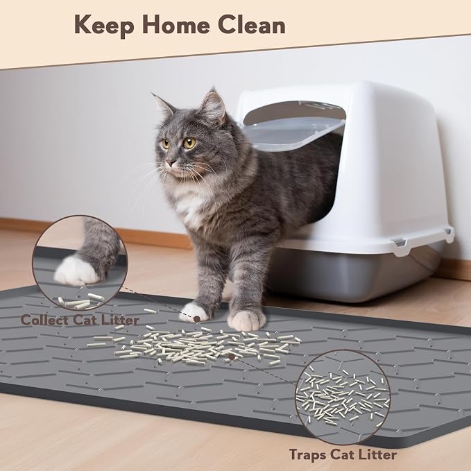 Garoopion Silicone Cat Litter Mat 34×22 inch, Easy to Clean, Dark Gray | Waterproof Silicone Mat with Raised Edges, Catch Litter, Protect Floor from Urine, Multi-Use for Dog/Sink/Kitchen/Boots