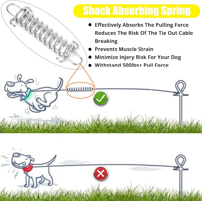 jenico Dog Tie Out Cable, 10/15/20/30/40/50/70/100/150FT Runner Cable with Swivel Hook and Shock Spring, Dog Leash Run Tether for Yard Outdoor and Camping,for Small to Medium Pets Up to 500 LBS