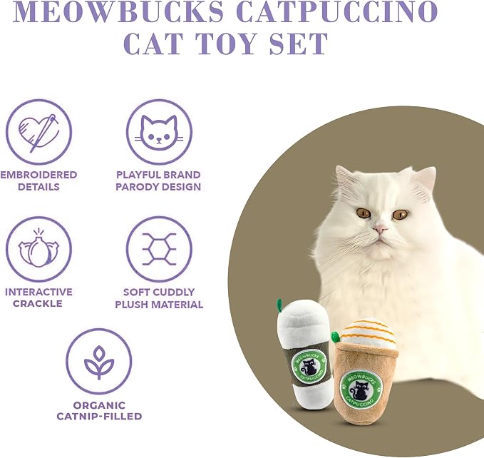 Haute Diggity Kitty Meowbucks Catpuccino Set, Soft Plush Cat Toys | 2 Pack Catnip Toys with Interactive Crackle Sound, Safe & Durable Cat Nip Kicker Toy for Outdoor & Indoor Cats & Kitten
