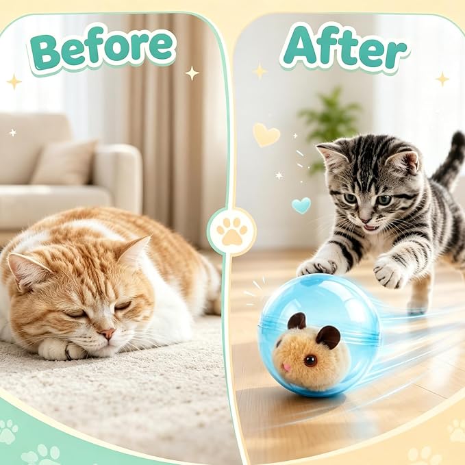 Self-Rolling Interactive Cat Ball - Mouse - Automatic Obstacle Avoidance | Realistic Plush Cat Toy Ball Mouse Designs Automatic Rolling for Chasing Fun Blue Ball