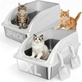 2-Pack XL Stainless Steel Cat Litter Box for Large Multi-Cat, Gray | High Sides, Extra Large Tall Wall Open Top Deep Metal Pan, Anti-Leak Non-Stick Odor Control, 2 Scoops Included