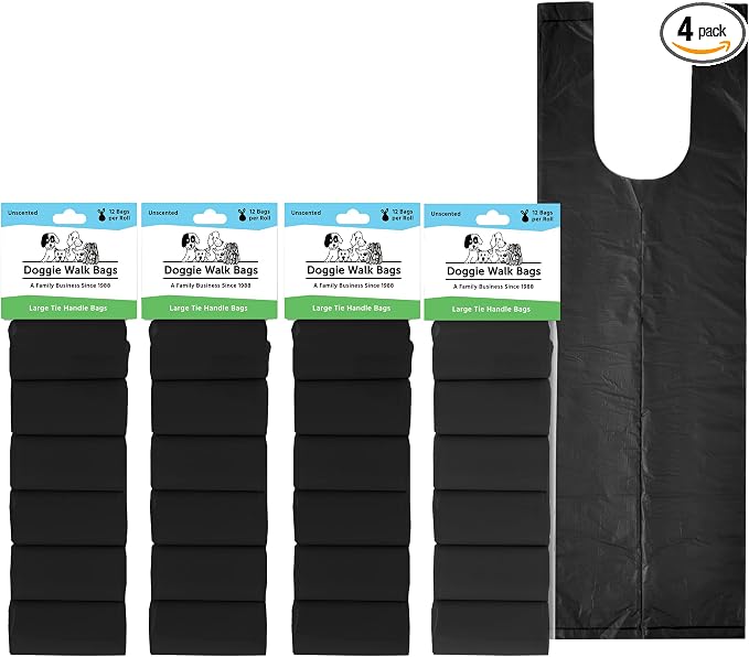 Large Dog Waste Bags on a Roll with Easy Tie Handles, Extra Thick and Strong Dog Poop Bags, 288 Count, Black/Unscented, 5.5 x 5.5 x 17 Inches