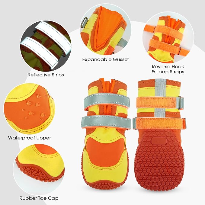 FUAMEY Dog Shoes for Large Dogs Waterproof, Dog Booties & Paw Protectors | Secure Hook & Loop closure, reflective strips, hot pavement, rainy walks, non-slip, all-season use, 4 PCs