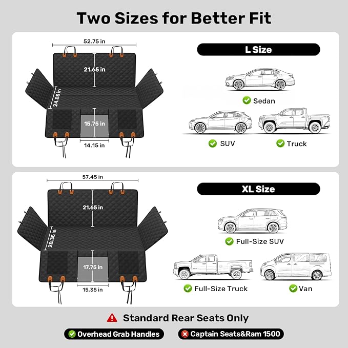 Zanch Heavy-Duty Dog Car Seat Cover, Flat Solid Back Seat Extender for Multi Large Dogs, Hard Bottom Supports 450 lb, Waterproof Scratchproof Hammock Protector, Standard for Cars, SUV, Trucks, Black