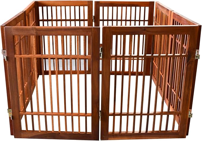 Urnporium Freestanding Wooden Dog Gate Foldable Indoor Pet Gate No Drill Expandable Barrier for Doorways Stairs Hallways Portable Wood Fence for Small Dogs & Puppies (Brown Pet Gate, 8 Panel 24" Tall)