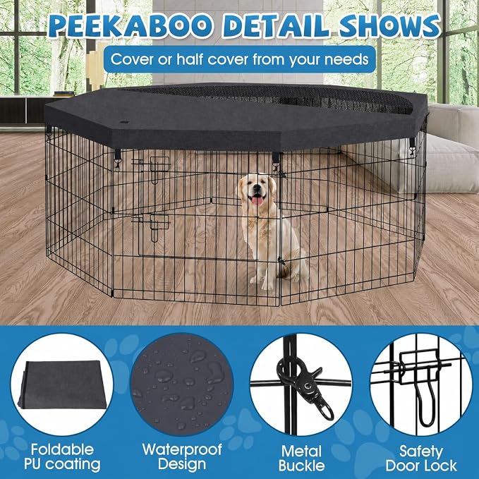Peekaboo DogPlaypen 24 in-8 Panel Metal Rustproof Pet Fence with Top Cover | 24 Inch 8 Panel Foldable Metal Dog Playpen with Top Cover, GRS Certified Recycled Material