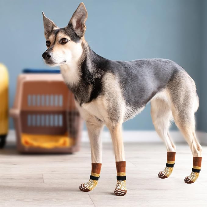 PUPTECK Anti Slip Dog Socks, Shoes with Grippers to Prevent Licking Hardwood Floors Traction, Rubber Boots & Paw Protectors for Small Medium Large Dogs Cold/Hot Pavement, Senior Dogs Booties Khaki