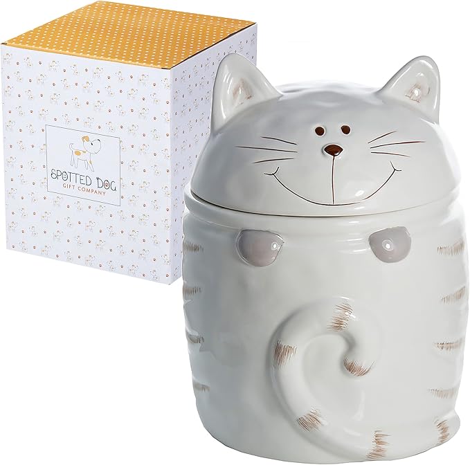 SPOTTED DOG GIFT COMPANY Ceramic Cookie Jar with Lid, Large Cat Treat Container for Cookies & Biscuits, Cute Novelty Kitchen Storage for Countertop, Gifts for Cat Lovers - 47oz White