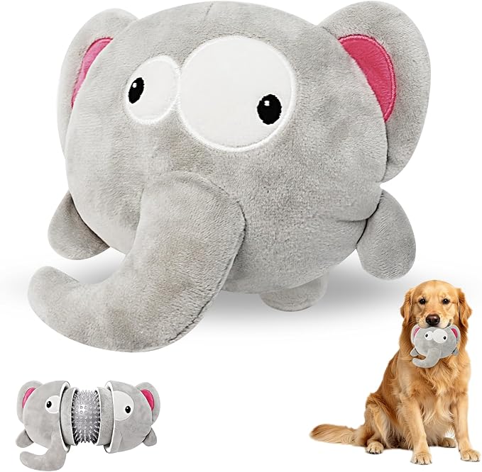 XIAPIA 3-in-1 Plush Elephant Squeaky Dog Toys for Aggressive Chewers | No Stuffing Interactive Dog Toys, Hidden Squeaky Ball & Crinkle Paper, Chew Fetch Toy for Small Large Puppy, Birthday Gift