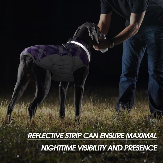 FUAMEY Dog Cold Weather Coats Reflective Dog Warm Jacket with Harness | Fleece Winter Coat for Medium Dogs Snow Puffer Vests with Zipper Reflective Turtleneck Jackets for Winter Purple Plaid M