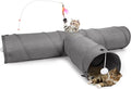 Ownpets 10" Large Cat Tunnel 3-Way T-Shape Oxford Fabric for Large Cat | Silent oxford fabric no noise, expandable 3-channel design, with plush ball ,feather wand, peek hole, for multi-cat household