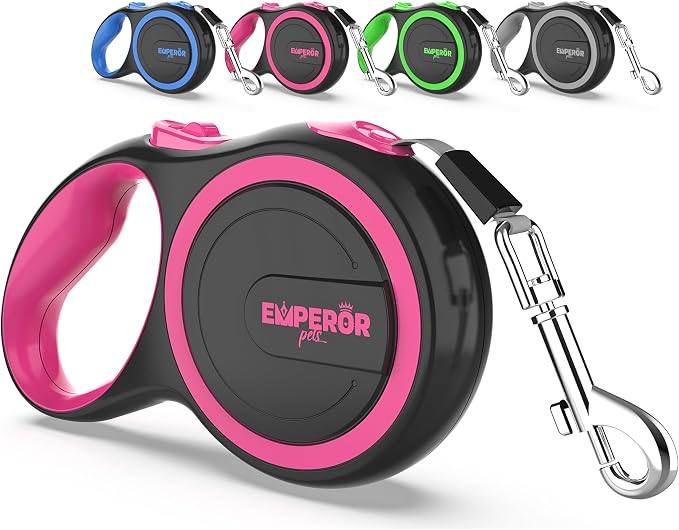 Emperor Pets Pink Heavy Duty Retractable Dog Leash 26 ft – Tangle-Free Nylon Tape, Anti-Slip Grip, Reflective – Retractable Leash for Medium Large Dogs up to 110 lbs -Classic-PK26