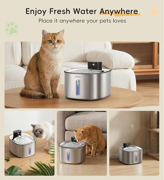 Stainless Steel Cat Water Fountain, 152fl.oz / 4.5L Cordless Cat Fountain | with 5 Filters Set; Wireless Pet Fountain; 5000mAh Battery; Indoor; Triple Water Modes; 25 dB Ultra-Quiet