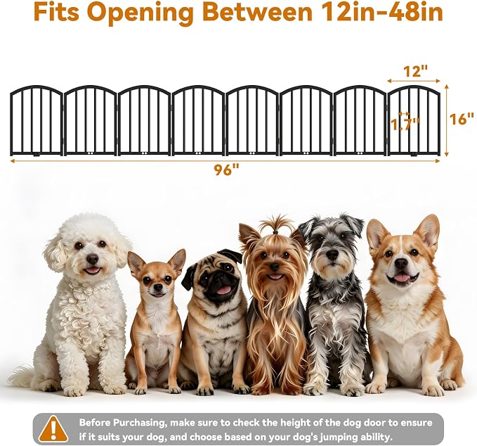 SNUOWU 16 Inch Full Metal Freestanding Short Dog Gate for Small Dogs, Foldable 8-Panel Pet Barrier, Expands Up to 96" Wide, Indoor Safety Fence for Doorway, Home & Stairs, Black