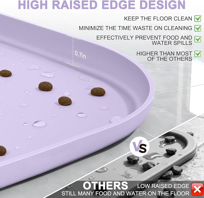 SMILOOL Small Silicone Pet Food Mat with Raised Edge for Food and Water Bowl, Square Dog Feeding Mats, Cat Food Trays for Floor Waterproof, Rubber Tray for Dogs and Cats, 12 x 12 x 0.7 Light Purple