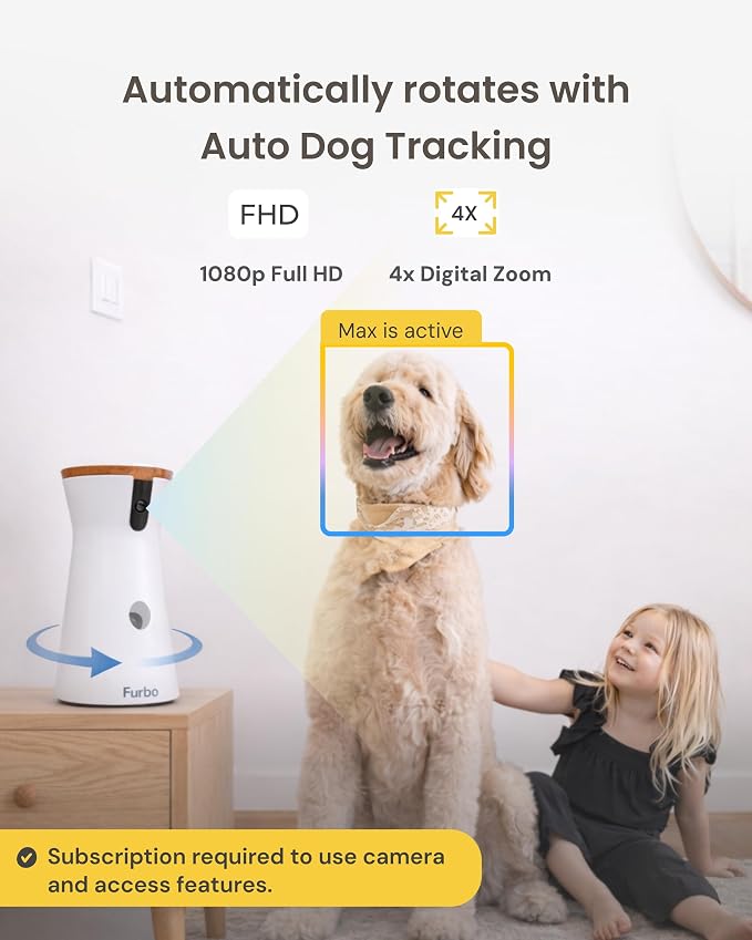 Furbo 360° Dog Camera [Paid Plan Required to Activate] | Stay connected with AI Dog & Home Safety Alerts, Treat Toss, Auto-Tracking, Video History, 2-Way Audio (Subscription 3mo min)