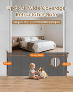 Retractable Gate Indoor, 71" Wide Reinforced Mesh Dog Gate | 34" Tall Retractable Mesh Baby Gate, One-Hand Use, Baseboard Fit, 6 Strong Rods, for Kitchen, Living Room & Playroom, Gray