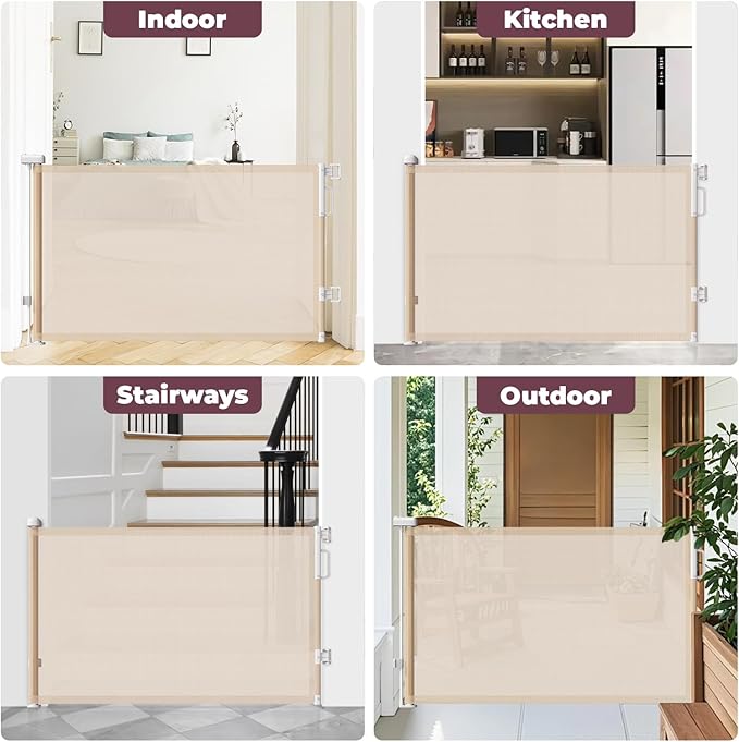 Retractable Baby Gate for Stairs & Doorways, Dog Gate Indoor Outdoor | Extends to 55" Wide 34" Tall Mesh Child Gate for Hallways, Deck, Porch, Pet Toddler Safety Essentials, Easy Install, Beige
