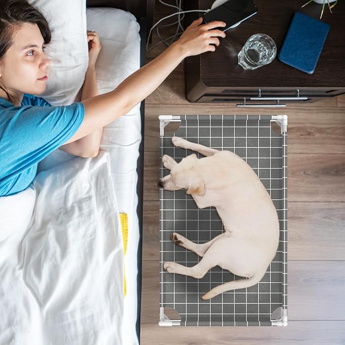 Elevated Dog Bed with Guardrail, Raised Pet Bed for Small Medium Dogs | Rust-resistant stainless steel frame with safety fence & soft cotton fabric. Anti-slip feet for secure indoor and outdoor use