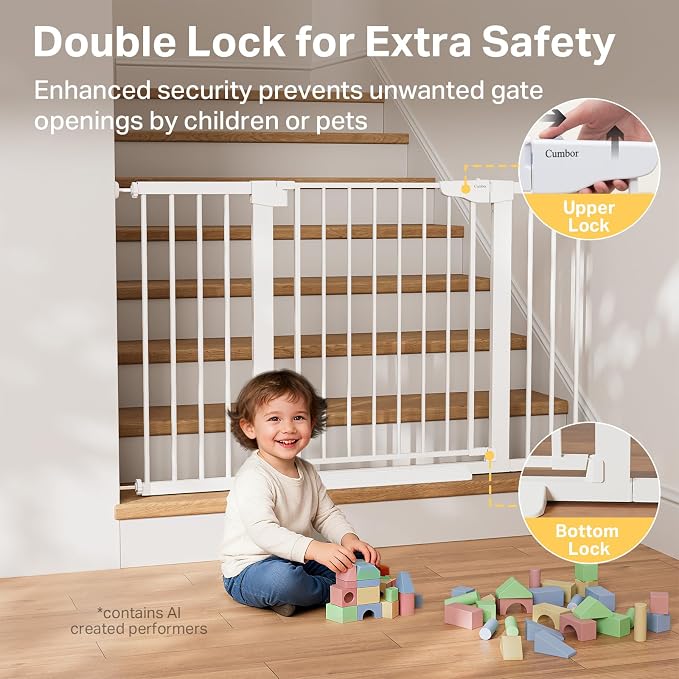 Cumbor 29.7-51.5 in Extra Wide Baby Gate for Stairs, Dog Gate Indoor White | Mom's Choice Awards Winner, Auto Close with Double Lock, One-Hand Open Child Gate for Toddlers & Pets, Pressure Mounted