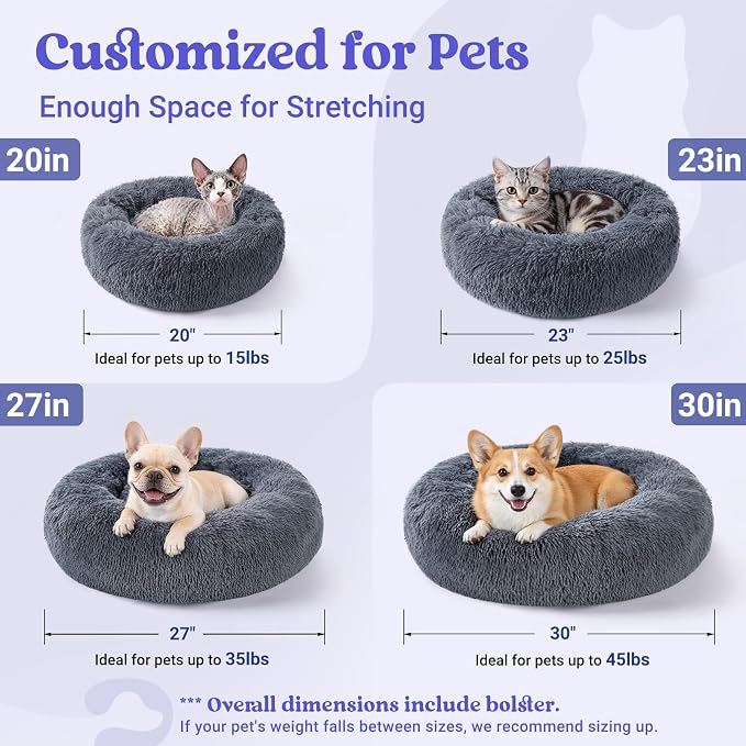 rabbitgoo Calming Cat Beds for Indoor Cats, 23 inches, Dark Grey | Soft Warm Donut, Fluffy Faux Fur, Supportive Raised Rim, Anti-slip, Machine Washable, Up to 25lbs Cats & Small Dogs