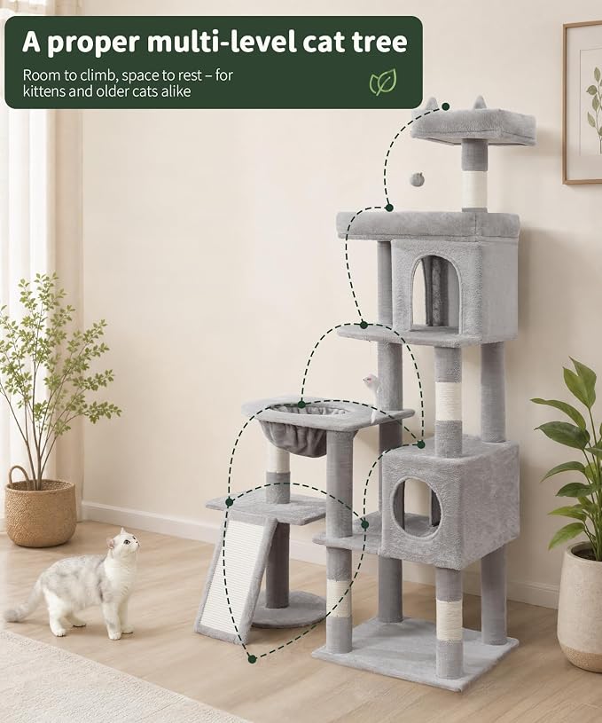 68 Inches Heavy Duty Cat Tree for Indoor Cat, Big Cat Tower | Cat Houses & Tree Tower with 2 Condos, Sisal Scratching Posts & Large Platform for Indoor Cats Large Adult, Grey