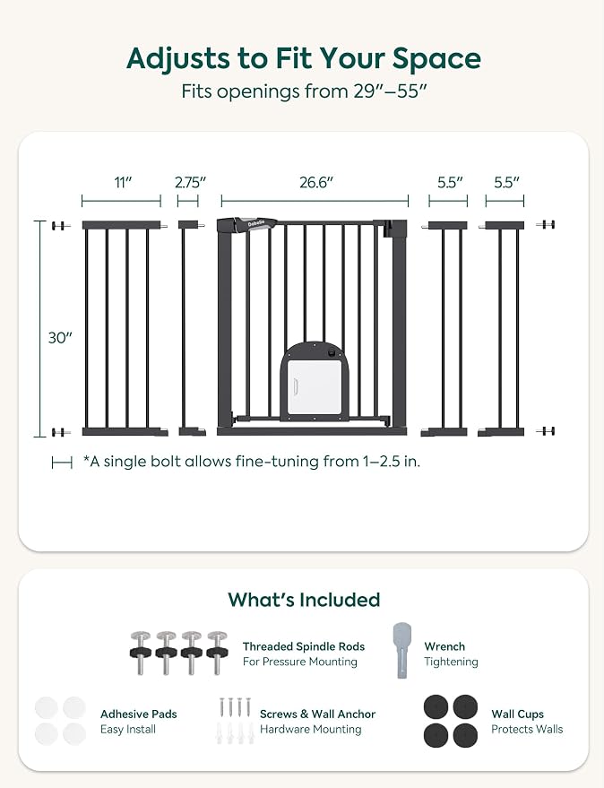 Babelio Extra Wide Baby Gate with Cat Door, CatPrivilege III, 29-55" | 30" Tall Pressure/Hardware Mounted Safety Gate for Large Openings, Auto-Close, Black