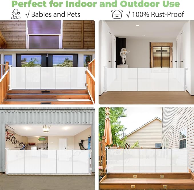 Reinforced 120" Extra Wide Retractable Baby Gate, Prevents Crawling Under | Indoor/Outdoor Retractable Dog Gate, Space-Saving, Easy to Use, Scratch-Resistant Mesh Gate, Safety Lock, Easy Install, White