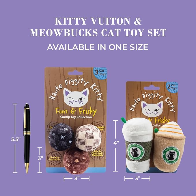 Haute Diggity Kitty Vuiton Balls + Meowbucks Catpuccino Soft Plush Cat Toys | 5 Pack Catnip Toys with Interactive Crackle Sound, Safe & Durable Cat Nip Kicker Toy for Outdoor & Indoor Cats & Kitten
