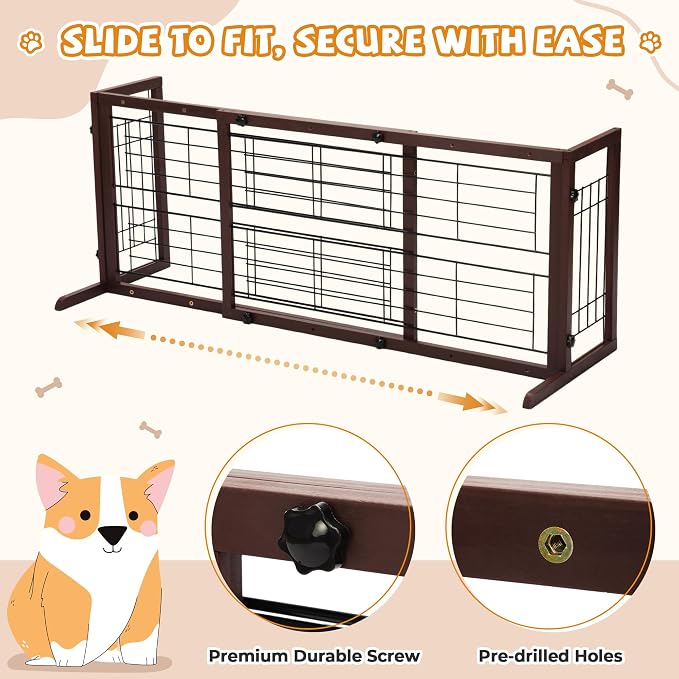 Coziwow 38-67" Dog Gate Indoor, Free Standing Pet Gate for Doorways Extra Wide, Wooden Fence Puppy Safety Gates for The House, Stairs, Hallway, No Drilling Required,Brown