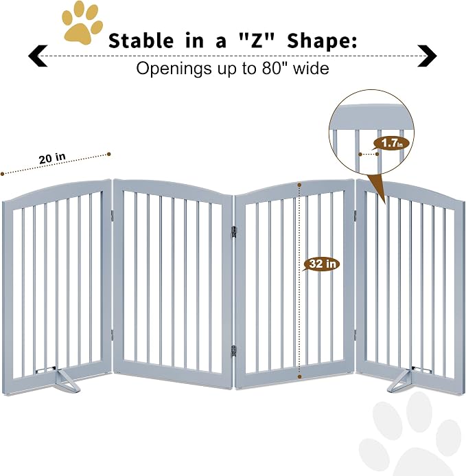 PUPETPO Freestanding Pet Gate for Dogs, Indoor Wooden Dog Gate for House, Foldable Dog Gate for Doorway, Stair, Gates for Dogs Indoor, 80 Inch Wide, 4 Panels 32", Grey