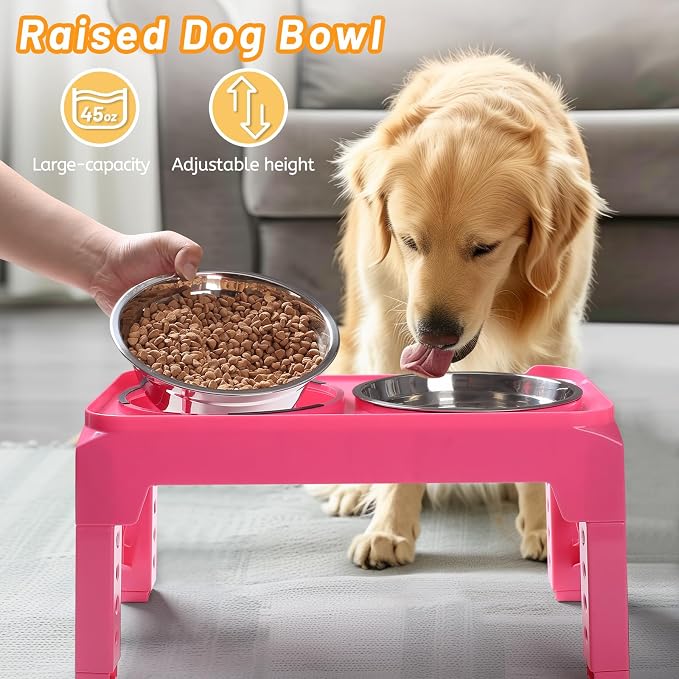 Hubulk Elevated Dog Bowls with 2 Stainless Steel Dog Food & Water Raised Bowls with No Spill Edge Non-Slip Stand Adjusts to 3 Heights(2.75", 6.0", 7.5") for Small Medium Dogs and Pet