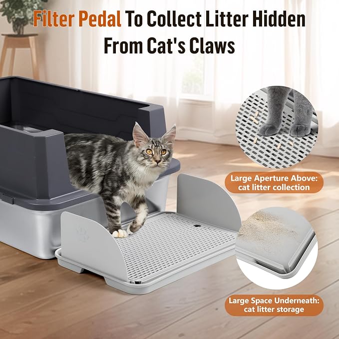 Cat Litter Box Step, Cat Step with Detachable Splash-Proof Baffles, Grey | Litter Box Ramp with Filter Function, Litter Catcher for Kittens & Elderly Cats, Non-Slip Cat Litter Mat Pedal, Easy to Clean
