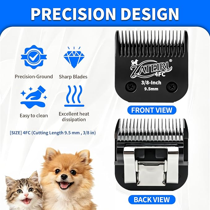 4 Pack Long Cut Pet Grooming Clipper Blades with Steel Cutters, Sizes 4FC, 3-3/4FC, 5/8HT & 3/4HT, Black, Compatible with Andis, Oster A5, Wahl KM10 A5 Style Dog Clippers