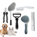 7PCS Dog Grooming Brush Kit for Shedding and Matted Fur, Self-Cleaning Slicker Brush with Undercoat Rake, Flea Comb for Long-Haired Pets, Grey