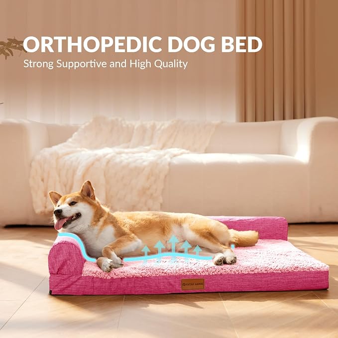 Patas Lague Orthopedic Large Dog Bed Pet Sofa Beds 48''X30''Pink | L Bolster Egg-Crate Foam Dog Couch For Large Sized Dogs, Waterproof Removable Washable Cover, Pet Mat with Nonskid Bottom