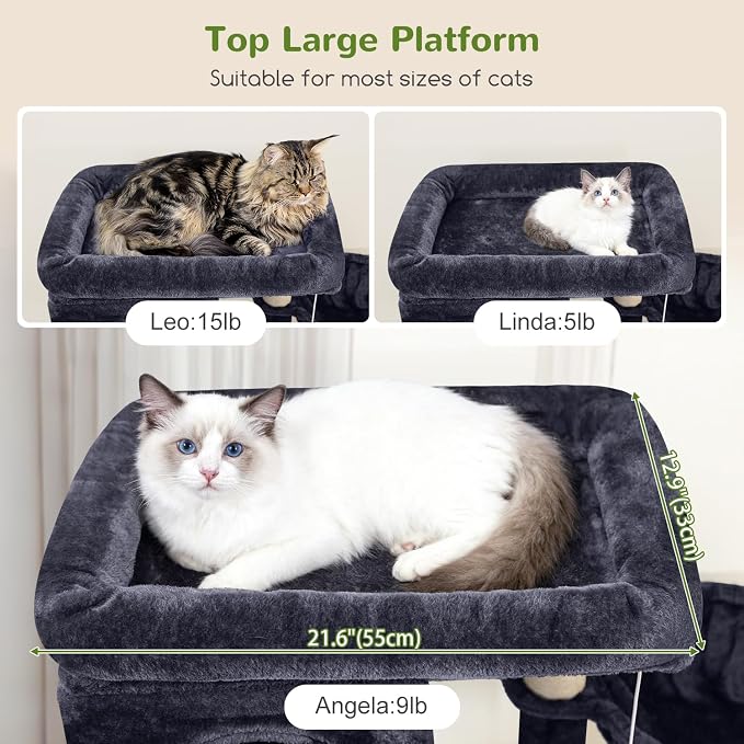Globlazer Large Cat Tree, 80in Tall Climbing Tower, F80F, Dark Grey | Multi-Level Cat Scratching Tower for Indoor Multiple Large Adult Cats Kittens with 3 Cat Caves, 3 Hanging Baskets