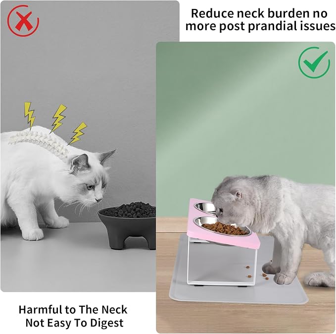 Summark Upgraded Elevated Cat Bowls with Food Mat,15°Tilted Stand Anti Vomiting Raised Cat Dishes for Food and Water,2 Stainless Steel Bowls for Cats and Puppy（Pink）