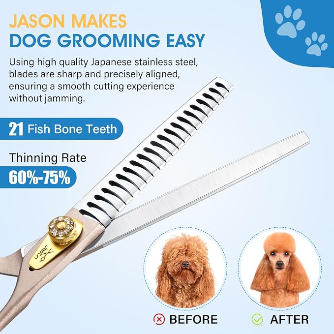 JASON Dog Grooming Chunker Scissors - 7" Thinning Shears 21 Fishbone Teeth | Professional, Japanese 440C Stainless Steel Diamond Screw Scissor, Gift