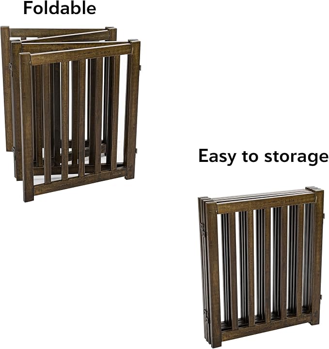 LZRS Wooden Free Standing Dog Gate 80" W x 24" H, Foldable Solid Hardwood Pet Safety Fence for House Doorways, Stairs, Hallways, Step-Over Pet Barrier, No Drill Easy Setup, Walnut