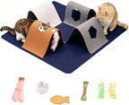 Cat Tunnel Mat for Indoor,4-Way Felt Cats Play Mat Cat Cave for Hide & Seek | Furphoria 39.4" Large Cat Tunnel with 6 Pcs Toys Set Interactive Cat Enrichment for Foldable Kitten Tunnel (Navy Blue)