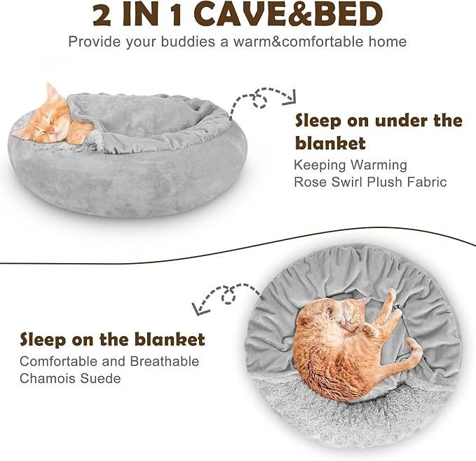 JOEJOY Dog Beds for Small Medium Dogs, Cozy Cuddler Luxury Puppy Pet Bed with Blanket Attached, Donut Round Calming Anti-Anxiety Dog Burrow Cave Bed - Anti-Slip Bottom and Machine Washable 26 inch