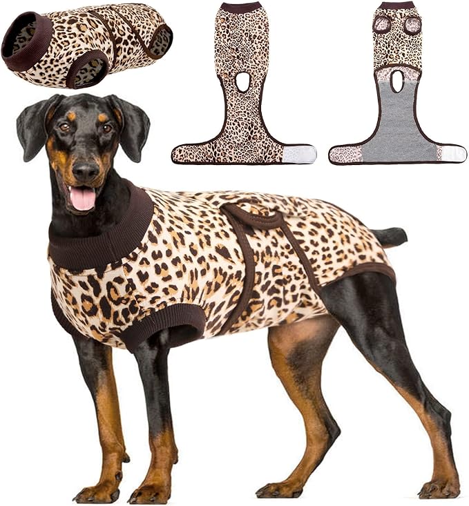 Kuoser Recovery Suit for Dogs, Comfy Dog Recovery Suit Female Doggie Onesie for Surgery, Post-Op Onesie for Female & Male Dogs, Soft Protective Wear, BrownLeopard XXL