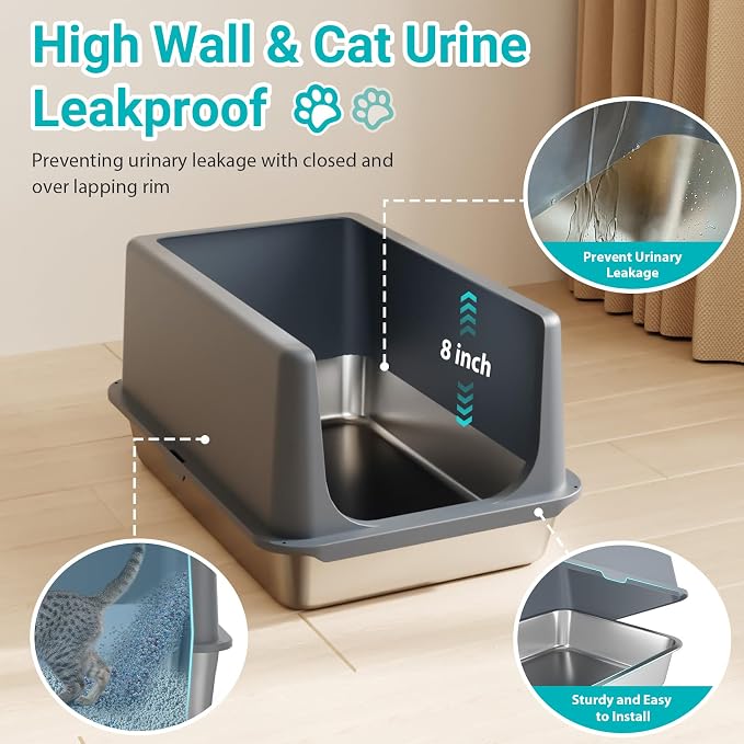 Stainless Steel Cat Litter Box with Lid,Metal Cat Litter Box,23.5x15.5x12in | Cat Litter Pan for Large Cats, Non-Sticky Large Kitty Litter Box Easy to Clean, Anti-Leakage,xxl