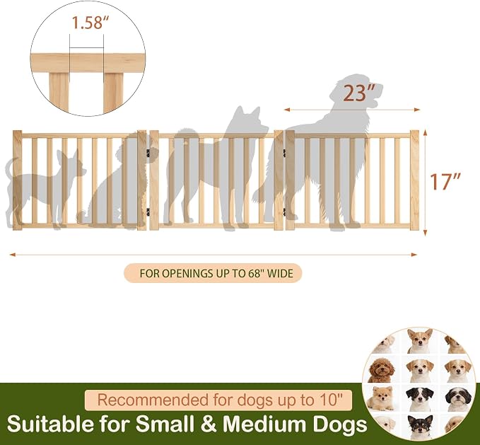 Wooden Freestanding Dog Gate Indoor - 16.9" H 3 Panels | No-Painted Foldable Pet Gates, Portable Puppy Gate for Doorways, Stairs, Hallways