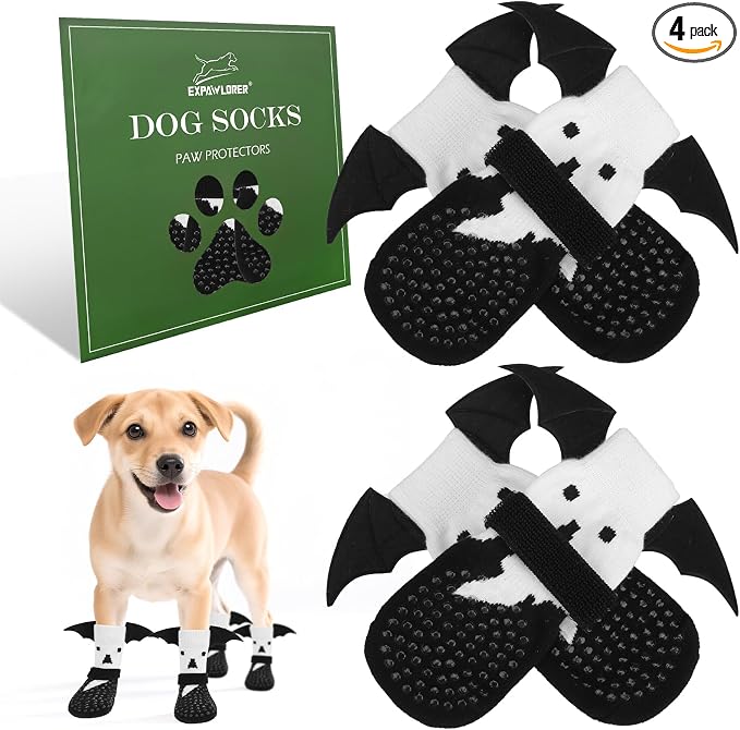 EXPAWLORER Halloween Anti Slip Dog Socks to Prevent Licking Paws, Boots & Paw Protectors with Grippers,Doggie Booties for Hardwood Floors for Small Medium Large Senior Dogs Costume White Ghost Wings S