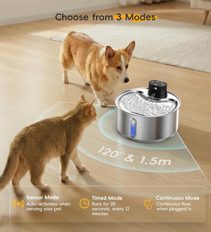 Stainless Steel Cat Water Fountain, 186fl.oz/1.45Gal Cordless Dog Fountain | Wireless Pet Fountain; 5000mAh Battery; Indoor; Triple Water Modes; 25 dB Ultra-Quiet
