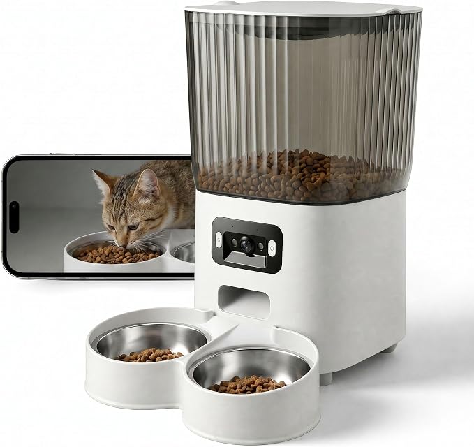 Automatic Cat Feeder with Wide-Angle Camera, 5L(Double-Bowl pro) | Auto Dog Food Dispenser , App Control, 1080P Night Vision,Motion Detection, Two-Way Audio, Large Hopper, Feeding Timer