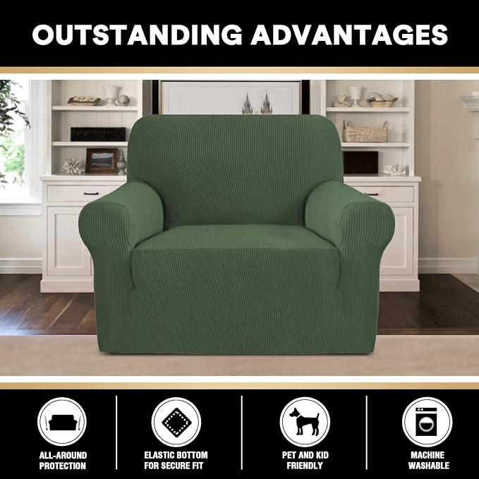 Stretch Chair Covers for Living Room, Washable Armchair Slipcovers, Fitted Chair Slip Cover Jacquard Small Checked Furniture Protector with Elastic Bottom(Armchair 31"-40",Bronze Green)