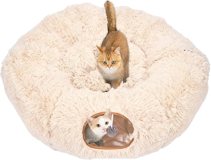 Avont Cat Tunnel Bed, Washable Cushion, Large 3-in-1 Play Tube for Cats | Play, Rest & Snuggle | Spacious for Big Cats | Durable Toggle Design | Removable Washable Cushion | Beige